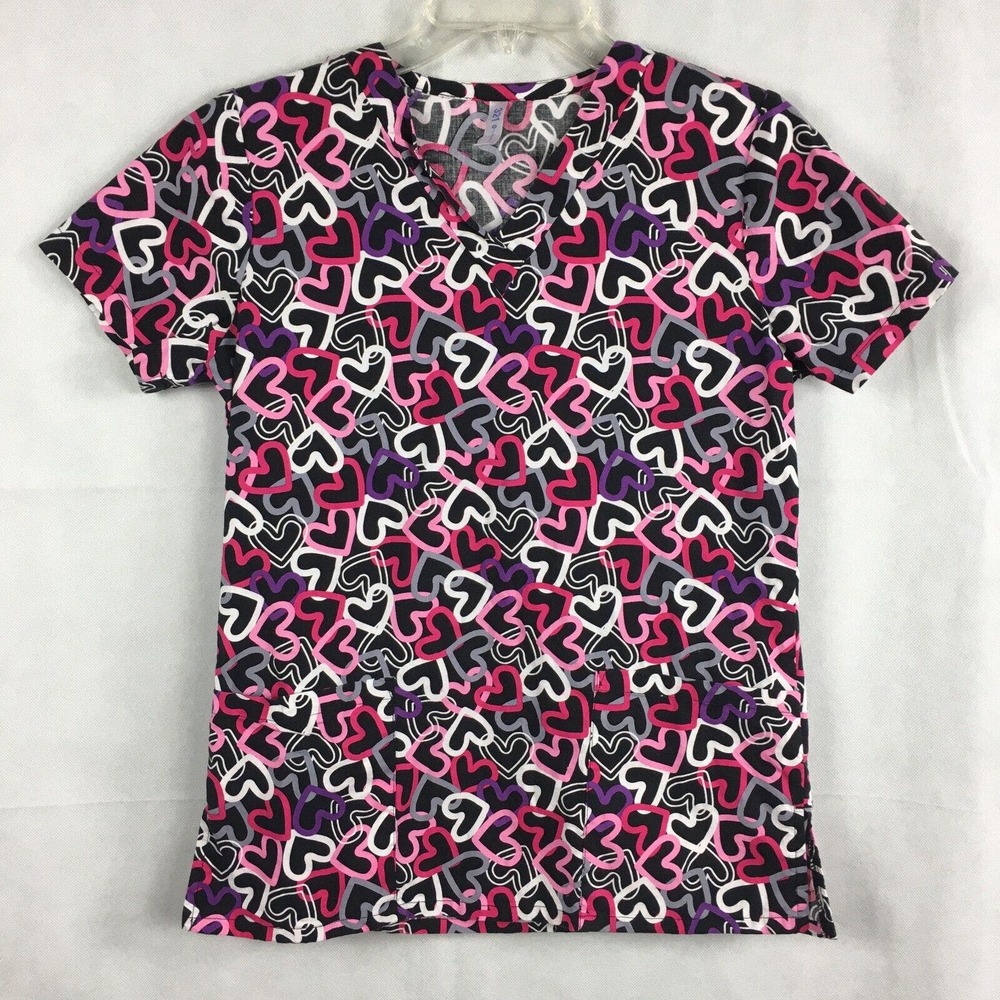 White Cross‎ 321 Top Womens Sz XS Pink Heart Print Cotton Short Sleeve Scrub